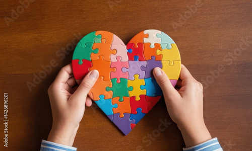 Obraz na płótnie A person holds a unique heart-shaped object created from puzzle pieces, symbolizing love and connection w salonie