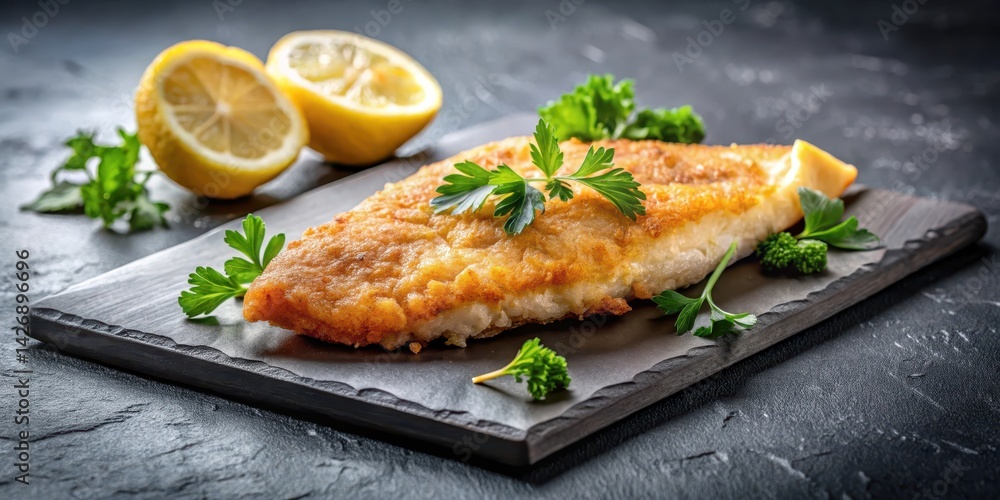 Crispy fried hake fillet sizzling on black marble plate with fresh parsley garnish and sliced lemon on side, black marble, gourmet fish Crispy fried hake fillet sizzling on black marble plate with fresh parsley garnish and sliced lemon on side, black marble, gourmet fish