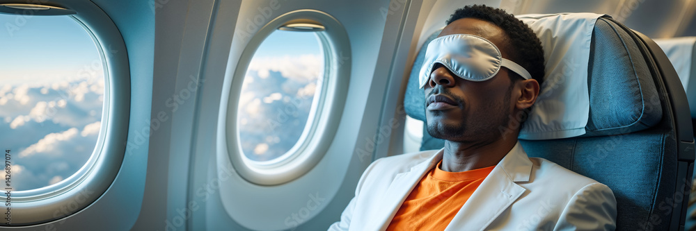 Portrait of Business African American Man Waring Slap Mask Sleeping on Airplane