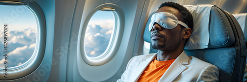 Obraz na płótnie Portrait of Business African American Man Waring Slap Mask Sleeping on Airplane w salonie