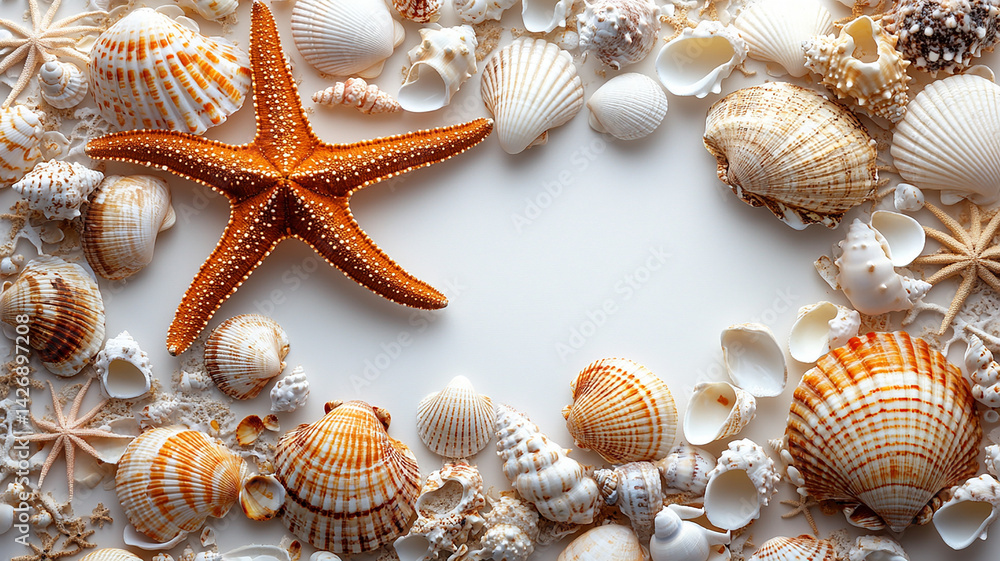 Seashells Assortment with Orange Starfish Bordering White Space for Text or Seashells Assortment with Orange Starfish Bordering White Space for Text or