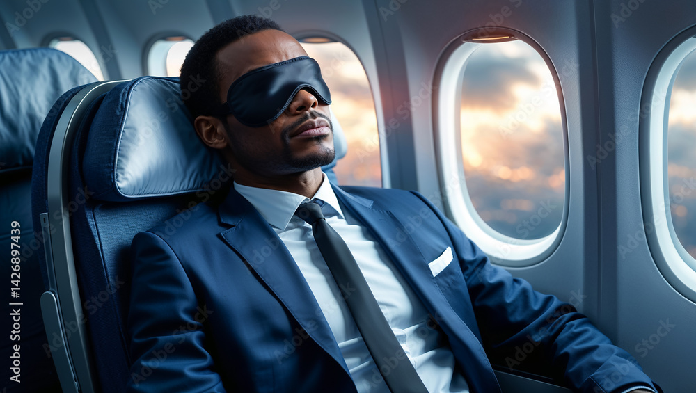 portrait of african american businessman sleeping with sleep mask on airplane