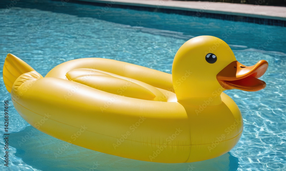 A bright yellow rubber duck floats peacefully in a pool of water, perfect for illustrations and designs