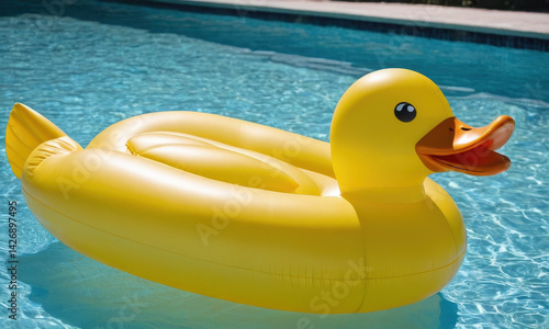 Obraz na płótnie A bright yellow rubber duck floats peacefully in a pool of water, perfect for illustrations and designs w salonie