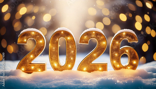 Golden glowing numbers 2026 covered with snow, standing on a snowy surface. Warm festive lights in the background create a magical winter holiday atmosphere, perfect for New Year celebrations.