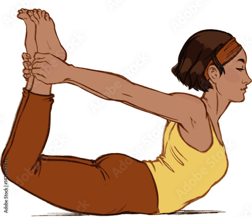 Young woman doing Dhanurasana yoga pose