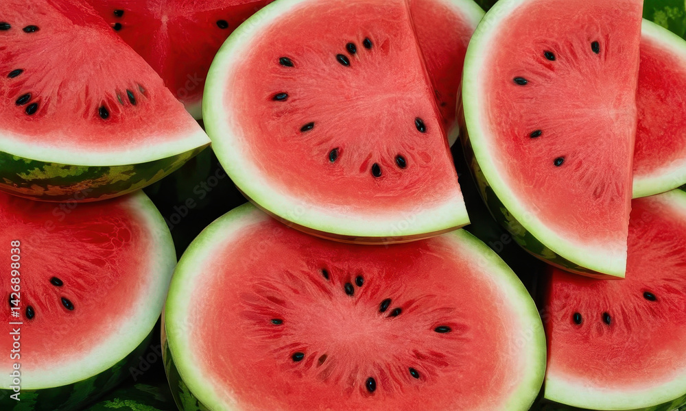 Fresh watermelons stacked high, perfect for a fruit display or market scene Fresh watermelons stacked high, perfect for a fruit display or market scene
