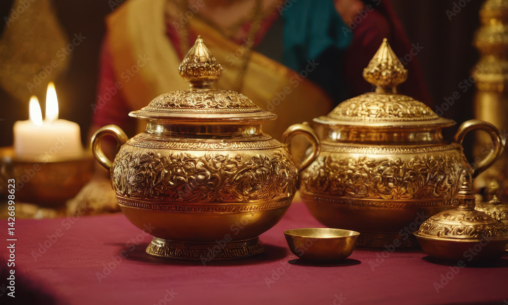 Table setting with golden vases and a lit candle, perfect for a special occasion or event