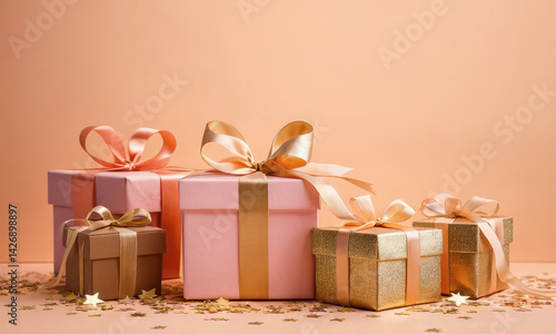 A stack of gift boxes in pink and gold colors, perfect for birthday or wedding celebrations