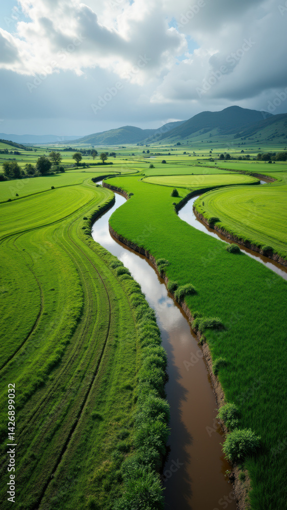Obraz premium Aerial view of a meandering river through cultivated fields and mountains.
