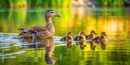 Mama duck guiding her brood across a serene pond, quacking, water, quacking, water, calming , wildlife, bird