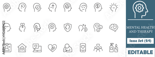 A minimalist 24-icon set illustrating mental health and therapy concepts, including emotions, therapy, self-care, and well-being. Ideal for wellness websites and digital projects.