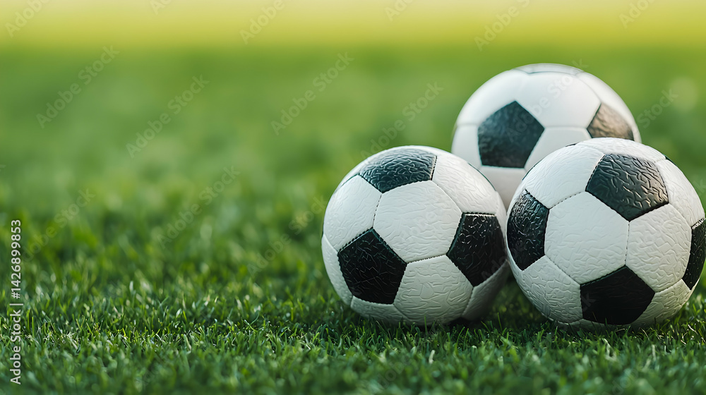 Fototapeta premium Three Soccer Balls On Grass Field