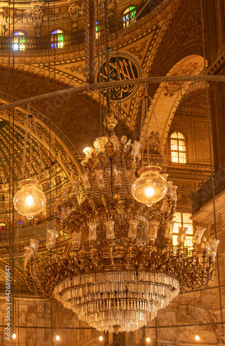 Showcase the alabaster mosque interior lighting in Mohammed Ali's medieval Cairo splendor. Ideal for designs focusing on historical Islamic landmarks and artistry.
