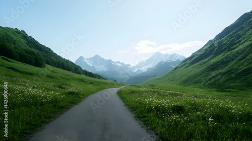 Scenic Mountain Valley Pathway With Green Vegetation And Flowers