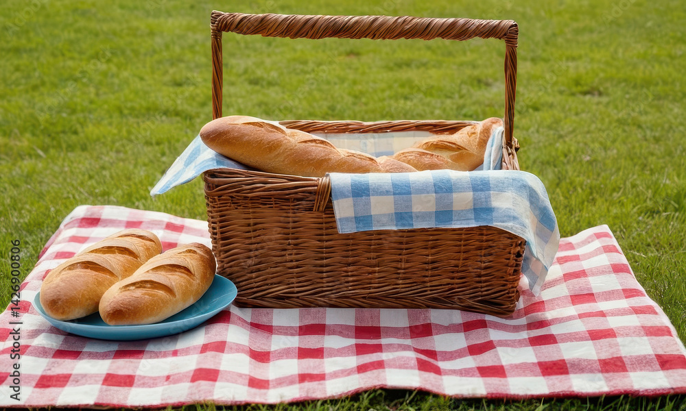 A basket of bread and a plate of bread on a picnic blanket, perfect for outdoor gatherings
