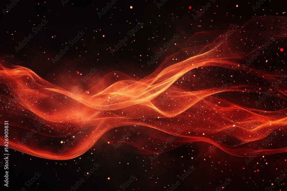 Fototapeta premium Red particles flowing smoothly in a liquid environment, creating an abstract visual display, Red Particles Flowing in Liquid