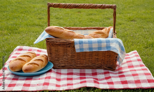 Obraz na płótnie A basket of bread and a plate of bread on a picnic blanket, perfect for outdoor gatherings w salonie