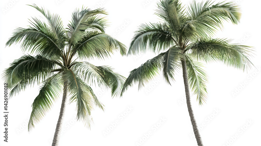 Obraz premium Two vibrant palm trees with lush green fronds stand tall against a bright white background evoking a sense of tropical paradise and serene summer vibes on a sunny day.