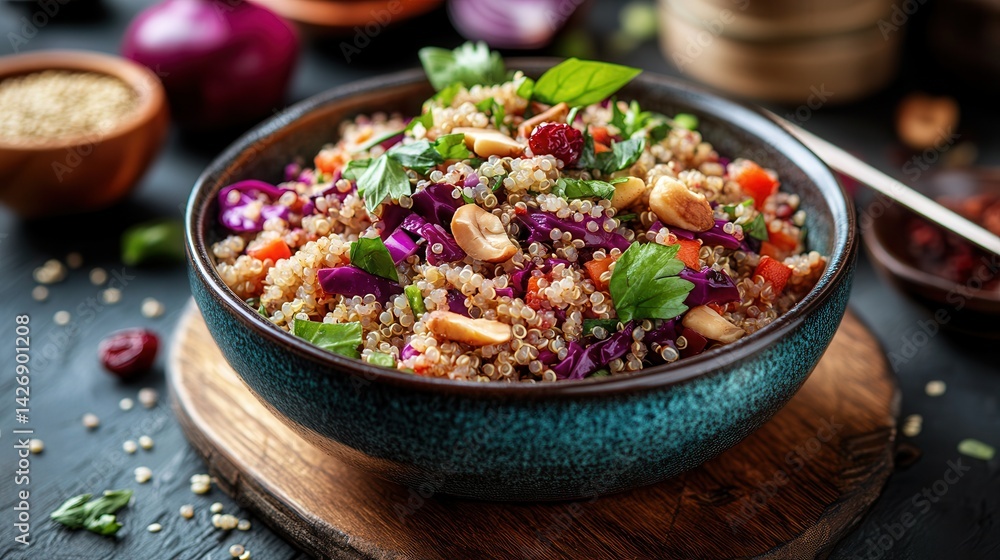 A vibrant bowl of cabbage salad mixed with quinoa, cranberries, and nuts, showcasing a healthy and appealing vegan food concept. A vibrant bowl of cabbage salad mixed with quinoa, cranberries, and nuts, showcasing a healthy and appealing vegan food concept.