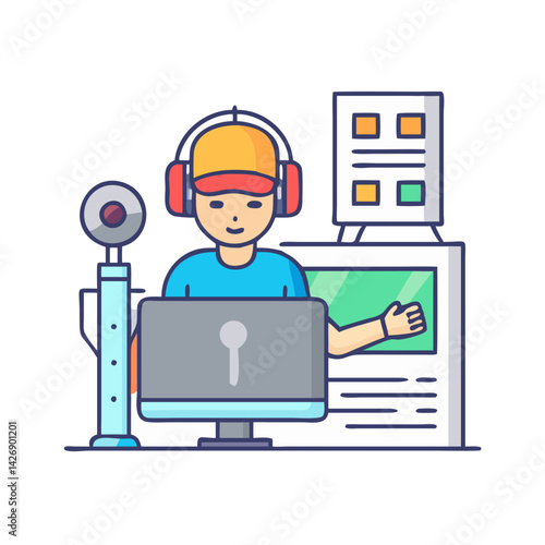 Online Streamer Illustration: Man with Headset and Computer