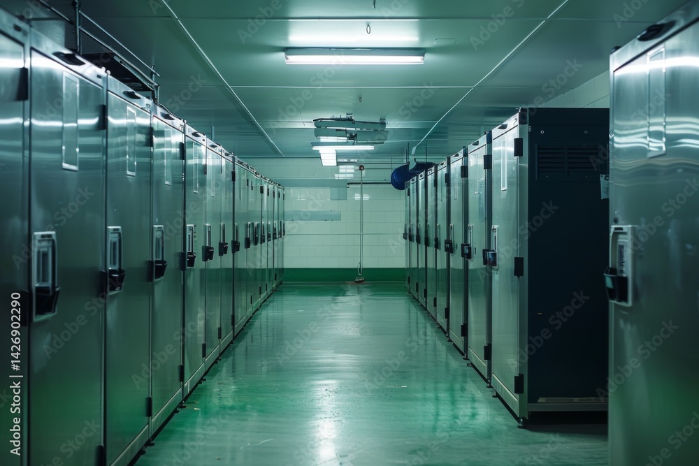 Naklejka premium Refrigerated Storage Room with Rows of Refrigerators