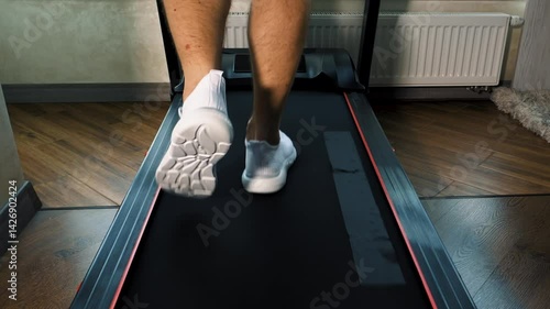  A man runs on a treadmill in white sneakers. Home training for running on an electric treadmill. Slow motion