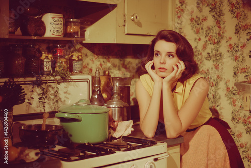 vintage scene of woman in kitchen photo or movie scene from the 60's