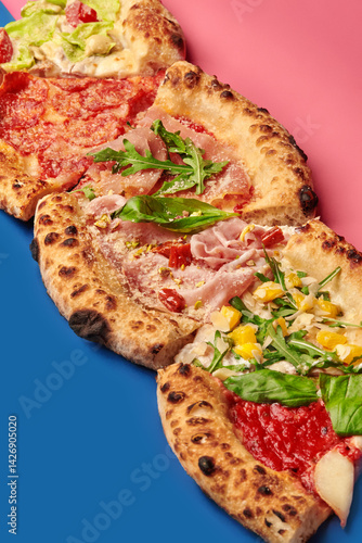Obraz na płótnie Gourmet pizza slices with various toppings on colorful background w salonie