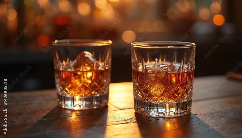 Two whiskey glasses with ice cubes on wooden bar. Amber alcohol, luxury drink, nightlife scene. Bourbon scotch beverage in crystal glassware, bar pub background. Concept of quality drink, relaxation, Two whiskey glasses with ice cubes on wooden bar. Amber alcohol, luxury drink, nightlife scene. Bourbon scotch beverage in crystal glassware, bar pub background. Concept of quality drink, relaxation,
