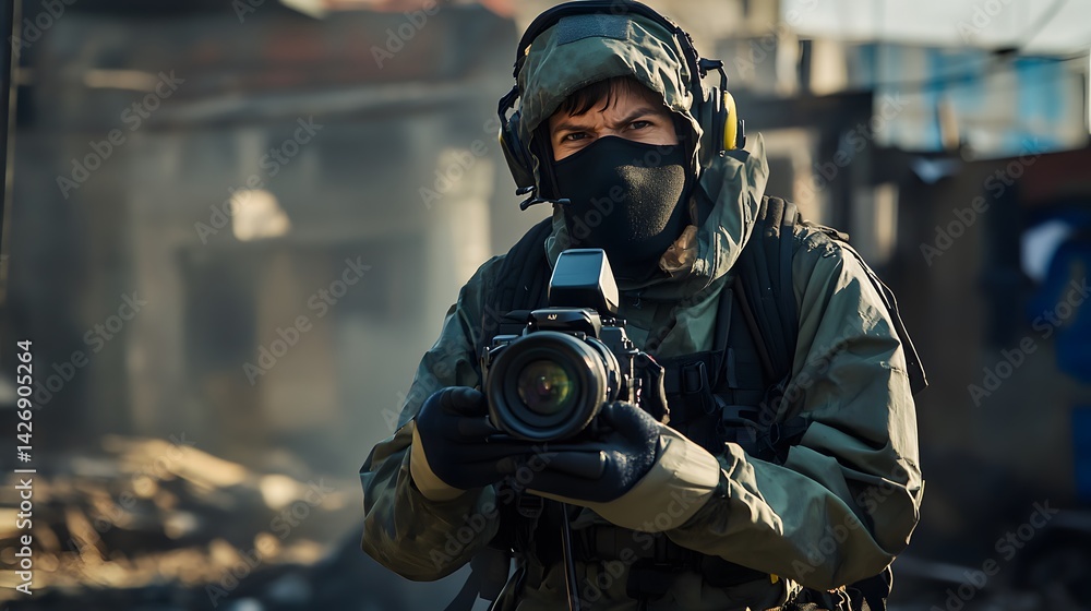 A masked photographer in protective gear holds a camera in a war-torn setting, conveying intensity, bravery, and the pursuit of truth. A masked photographer in protective gear holds a camera in a war-torn setting, conveying intensity, bravery, and the pursuit of truth.