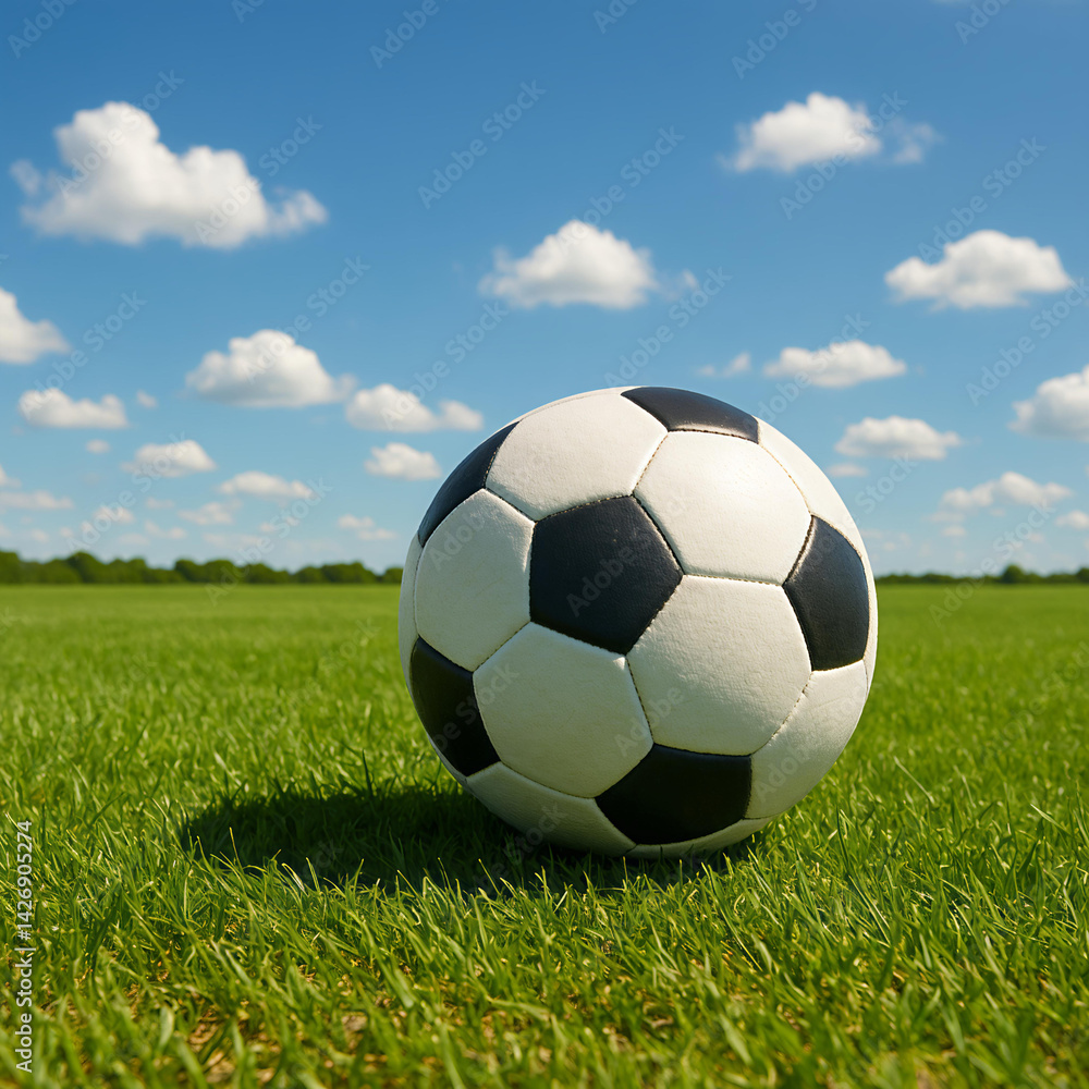Fototapeta premium soccer ball on grass pitch against blue sky on a bright sunny day 