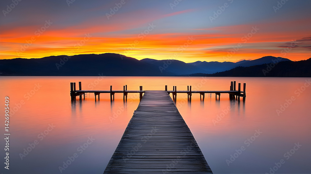 Fototapeta premium Wooden Pier At Sunset Over Calm Lake