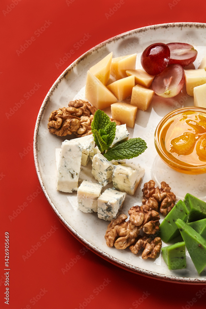 Cheese plate with nuts, grapes and honey enjoying a tasting on a red background