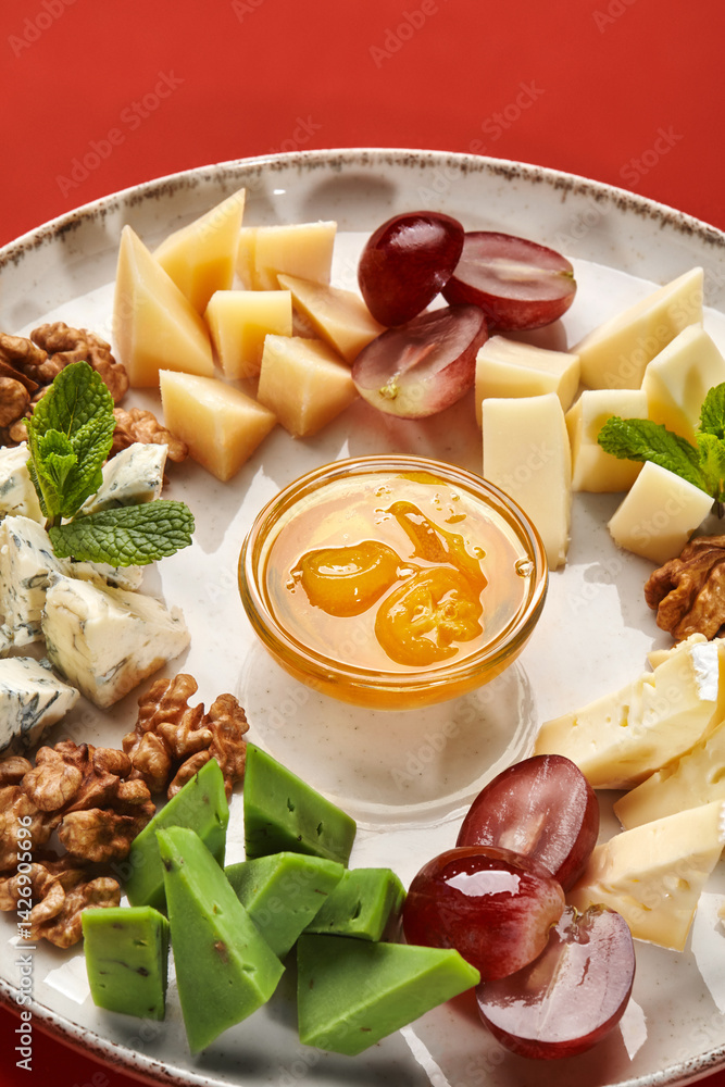 Assorted cheeses with grapes, walnuts, mint, and kumquat jam on a plate