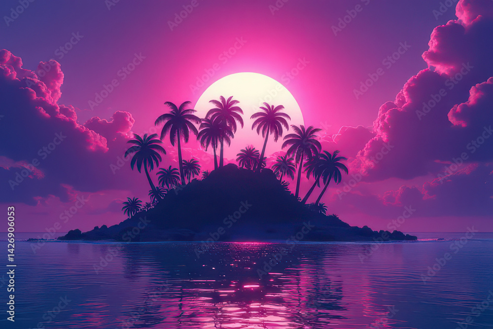 Naklejka premium Whimsical Island Scene: Neon-Hued Sky, Glowing Sun, Fantasy Palm Silhouettes & Dreamy Abstract Vibe