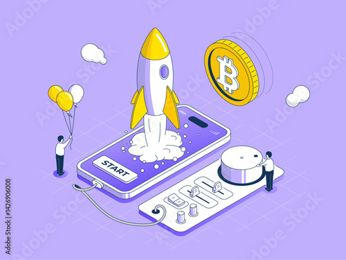 Successful startup. Control panel with wire to smartphone launching rocket, project launch symbol, with floating bitcoin on tech background. Isometric outline vector illustration.