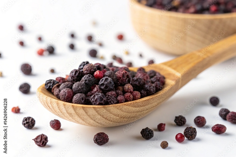 Rustic Dried Berries: Dark, Rich, and Ready for Your Culinary Creations or Autumnal Designs. High-angle close-up shot of dried dark berries in a wooden scoop against a pristine white background, Rustic Dried Berries: Dark, Rich, and Ready for Your Culinary Creations or Autumnal Designs. High-angle close-up shot of dried dark berries in a wooden scoop against a pristine white background,