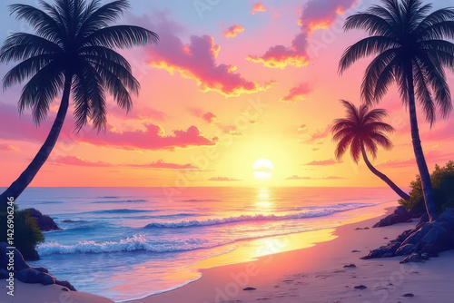 Artistic Beach Sunset Watercolor Painting: Smooth Pastel Sky, Expressive Palm Brushstrokes, Peaceful Abstract Scene