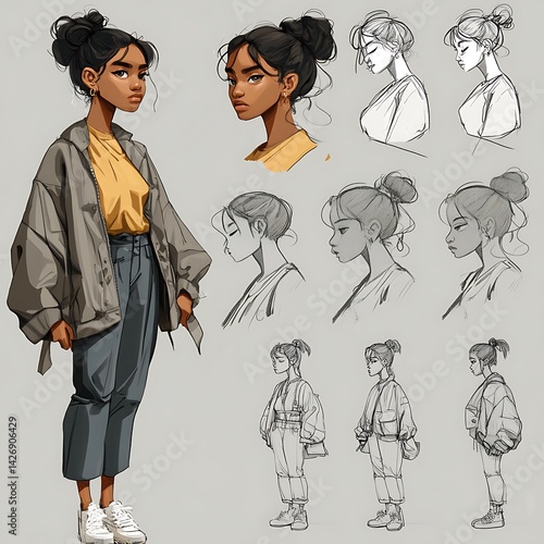 Character design sheet; girl, various poses, sketches