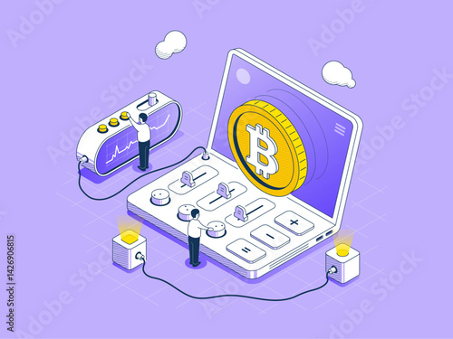 Cryptocurrency mining process. Laptop and control panels with configuring workers, bitcoin symbol emerging from screen on tech background. Isometric outline vector illustration.