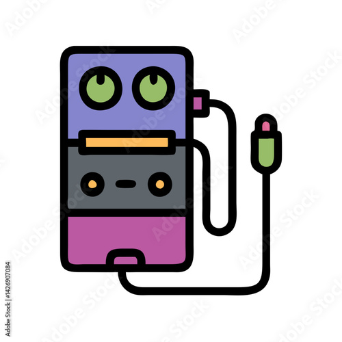 Colorful guitar pedal and instrument cable icon graphic