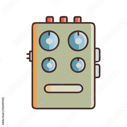 Cartoon-style illustration of a guitar effects pedal