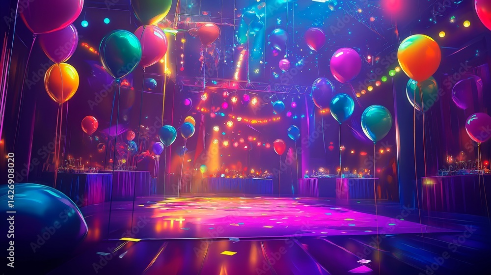 birthday party with balloons, cake and sweets for children