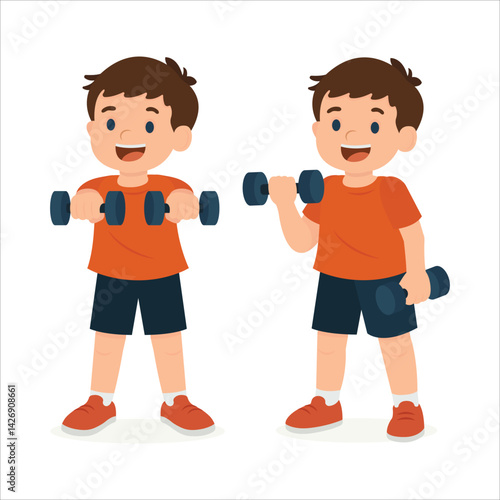 Cartoon boy lifting dumbbells, exercising happily, isolated on white background. Body parts are movable. It's easy to change poses and animate the character.  Part of set.