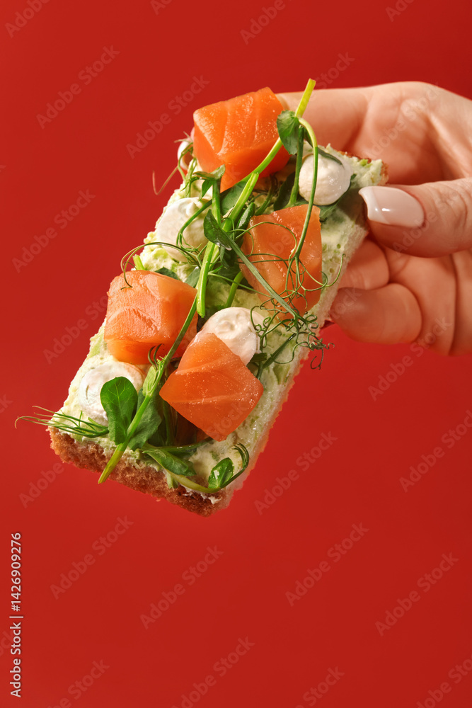 Woman hand holding tasty bruschetta with salmon, cream cheese and microgreens on red background