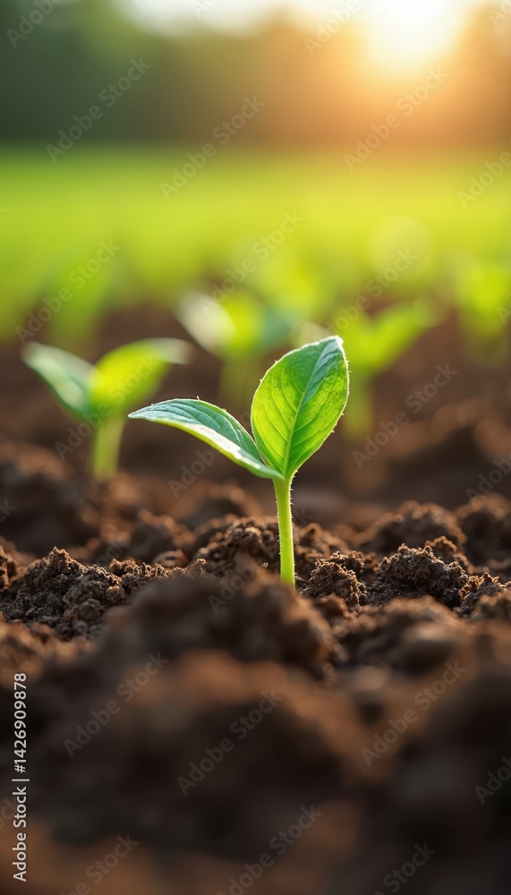 Fototapeta premium Close-up of soybean seedlings growing in soil, backlit by sunlight. Agriculture cultivation, crop growth. Young green plant sprout in fertile land, food production, eco farming, farming concept,