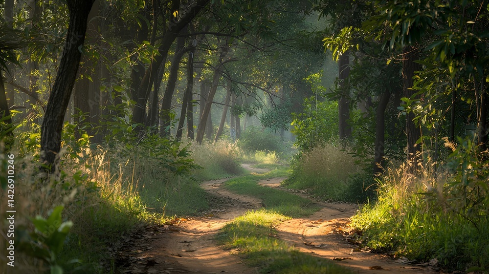Obraz premium Bhadra Tiger Reserve's dirt path, jungle safari, double exposure image. Forest footpath or pathway in wildlife nature. India tropical road way digital artwork of green grass park with sunlight