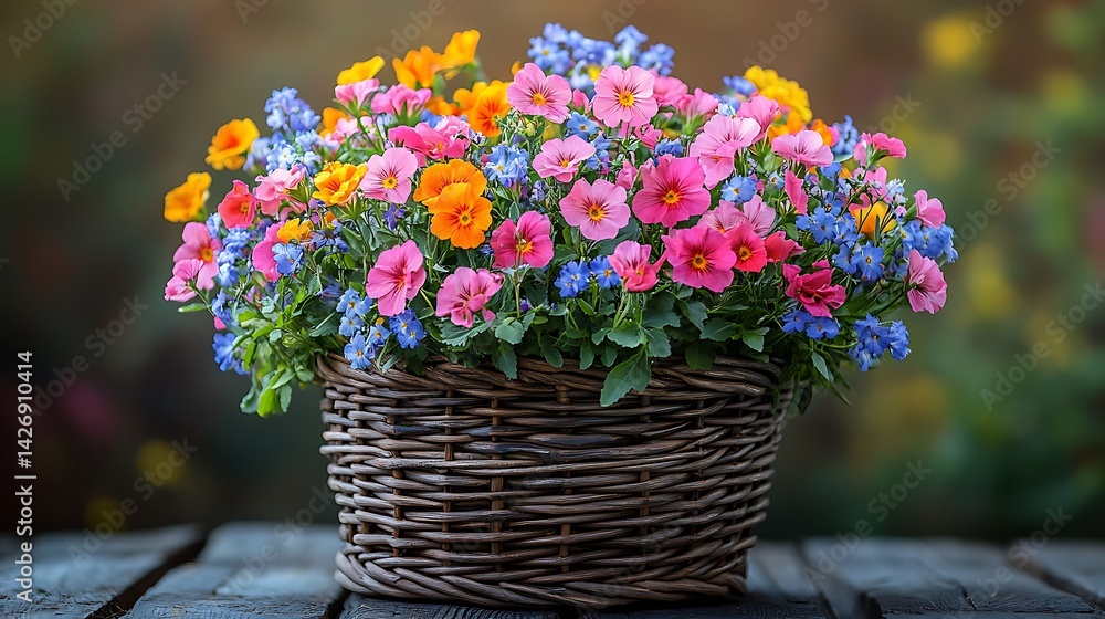 Colorful Basket Of Spring Flowers On Wooden Table Beautiful Photo Colorful Basket Of Spring Flowers On Wooden Table Beautiful Photo