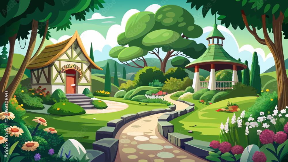 Obraz premium Very beautiful Natural cottage garden scene in white and green featuring a winding pathway.